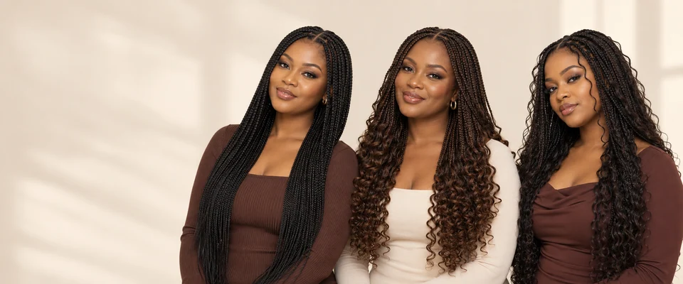 Three campaign models wearing long black braids, brown braids with curled ends and black braids with loose curls