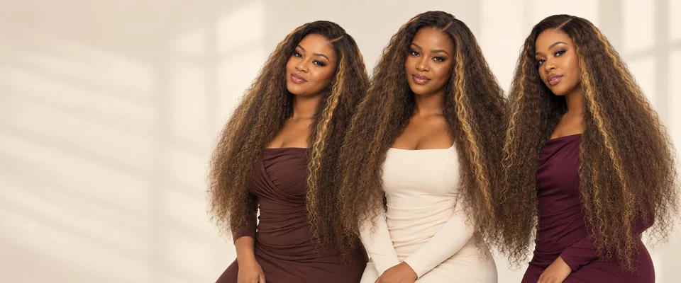 Three campaign models presenting Asanwa styling with long highlighted textured hair.