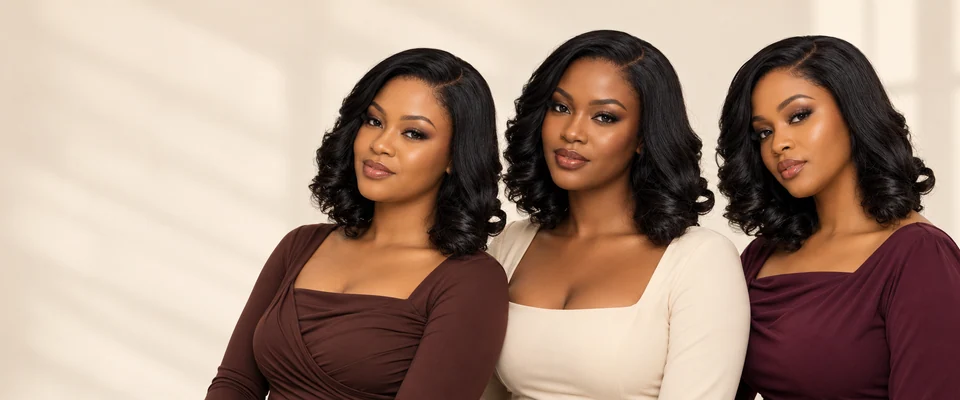 Three campaign models presenting Oreke styling with short black side-swept curls.