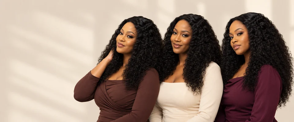 Three campaign models presenting Tiara styling with voluminous black waves and curls.