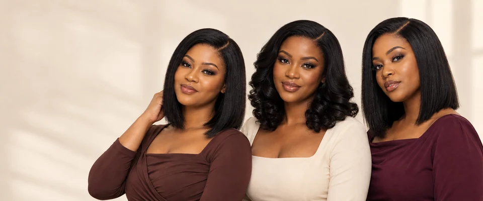 Three models wearing two black bobs and side-swept short curls