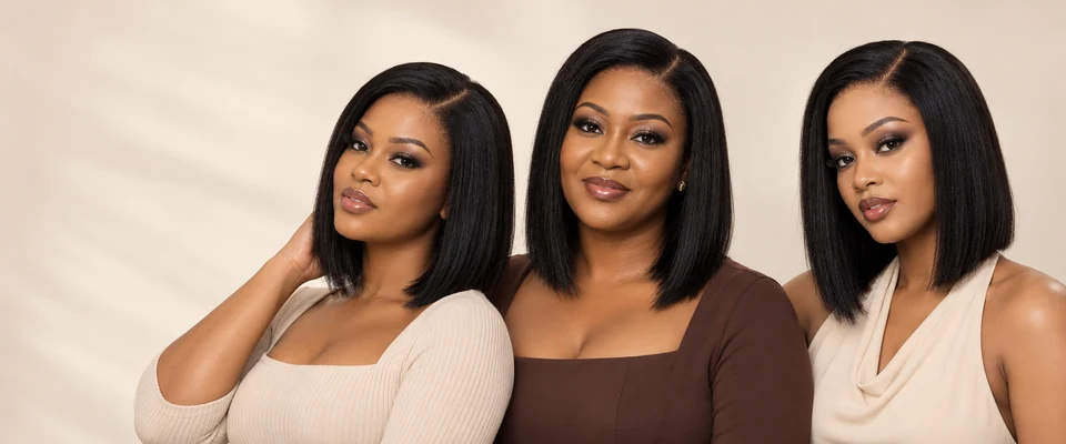 Three models wearing sleek black side-parted bobs